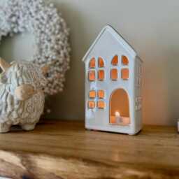 White Ceramic House Tealight Holder - Wax Lantern Decor Cosy Winter Home Accessories - thumbnail 3