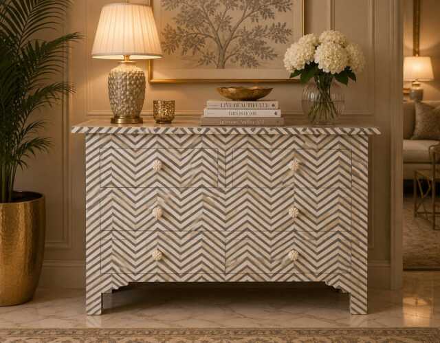 Designer Bone Inlay Cabinet Grey Chevron Pattern Chest Of 4 Drawers - image 1