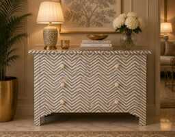 Designer Bone Inlay Cabinet Grey Chevron Pattern Chest Of 4 Drawers