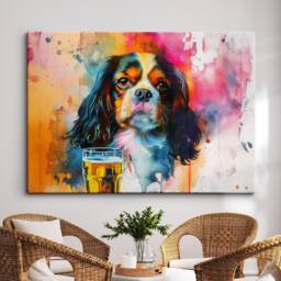 King Charles Spaniel Beer Glass Painting Framed Poster Print & Canvas Wall Decor Art Bar Kitchen Room Dog Gift Pet - thumbnail 1