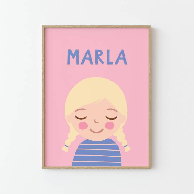 Personalised Portrait Girl With Blonde Hair - Rose Blue Illustration Poster For Kids Wall Decor Children's Room - image 1