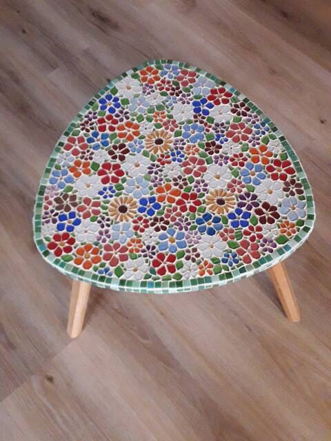 Floral Mosaic Coffee Table Small Triangle Glass Tile Art - image 1