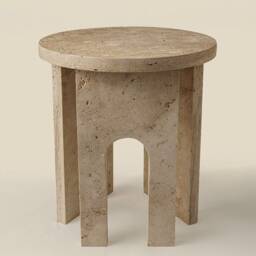 Side Table Round, Travertine Handmade Beige Round Side Table With U Leg, Living Room Furniture, Antique Interior Design End - Plinth - thumbnail 2