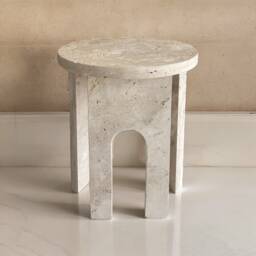 Side Table Round, Travertine Handmade Beige Round Side Table With U Leg, Living Room Furniture, Antique Interior Design End - Plinth