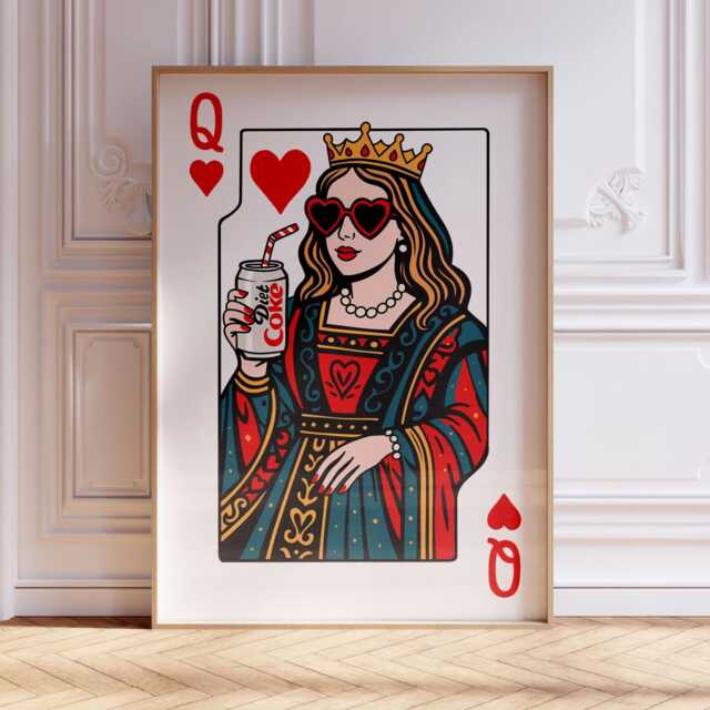 Queen Of Hearts Pop Art Print, Playing Card Wall With Diet Coke, Retro Modern Artwork, Dopamine Decor, Bar, Fun Home Decor - image 1