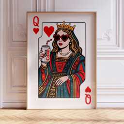 Queen Of Hearts Pop Art Print, Playing Card Wall With Diet Coke, Retro Modern Artwork, Dopamine Decor, Bar, Fun Home Decor - thumbnail 1