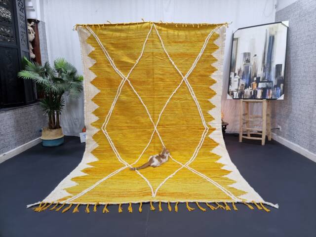 Kilim Moroccan Rug, Flat Area Rug, Handmade Yellow & White Custom Flatweave Kilim, Geometric Berber Wool Rug - image 1
