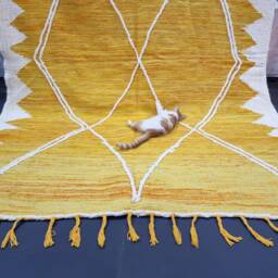 Kilim Moroccan Rug, Flat Area Rug, Handmade Yellow & White Custom Flatweave Kilim, Geometric Berber Wool Rug - thumbnail 3