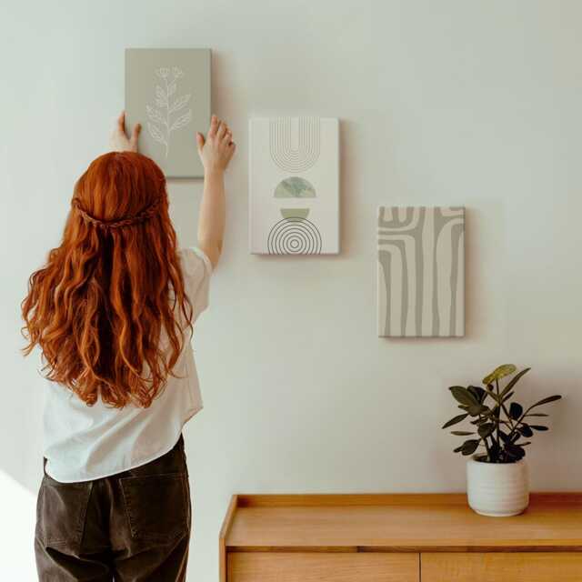 3 Piece Canvas Set - Geometric Patterns With Plant Accents in Shades Of Green, Green Wall Art Canvas, Natural Textures Decor - image 1