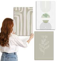 3 Piece Canvas Set - Geometric Patterns With Plant Accents in Shades Of Green, Green Wall Art Canvas, Natural Textures Decor - thumbnail 3