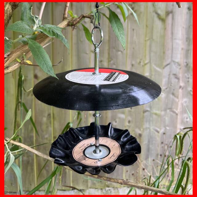 Upcycled Vinyl Record Hanging Bird Feeders With Canopy. Makes A Quirky Gift. Decor For Garden - image 1