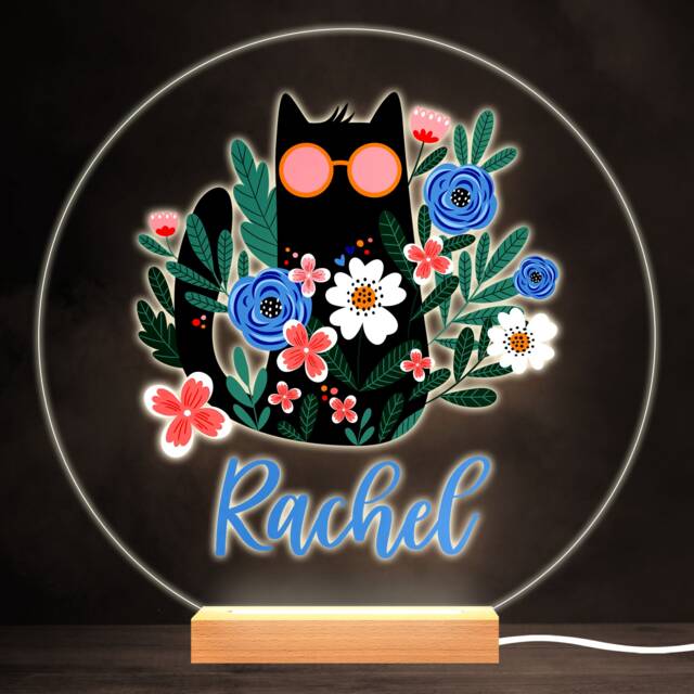 Cat Glasses Cool Flowers Girl Round Personalised Gift Lamp Night Light - Bedroom - image 1