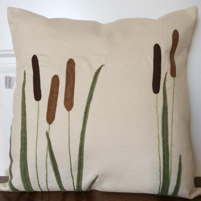 Felt Cat's Tail Applique Pillow Cover Meadow Grass Accent Cushion - image 1