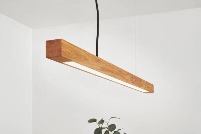 Handcrafted Oak Led Pendant Lamp Minimalist Beam Chandelier, Wireless Control - image 1