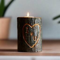 Custom Carved Initials Wood Tealight Or Votive Candle Holder, Personalize Your Initials, Heart Engraved in Bark - 5 Year Anniversary Gift
