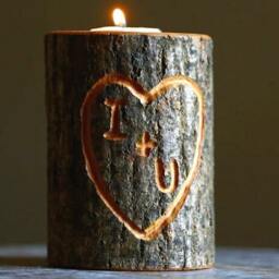 Custom Carved Initials Wood Tealight Or Votive Candle Holder, Personalize Your Initials, Heart Engraved in Bark - 5 Year Anniversary Gift - thumbnail 2