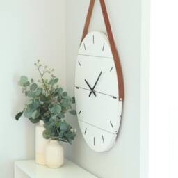 Handmade White Barn Wood Wall Clock - Leather Strap, Modern Farmhouse - thumbnail 4