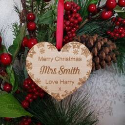 Teachers Christmas Gift, Personalised Tree Decoration, Snowflake Heart Design, Keyworker, Nursery Staff, School Hanger - thumbnail 3