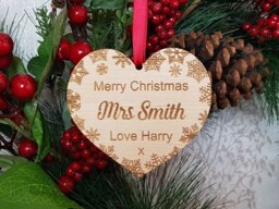 Teachers Christmas Gift, Personalised Tree Decoration, Snowflake Heart Design, Keyworker, Nursery Staff, School Hanger - thumbnail 1