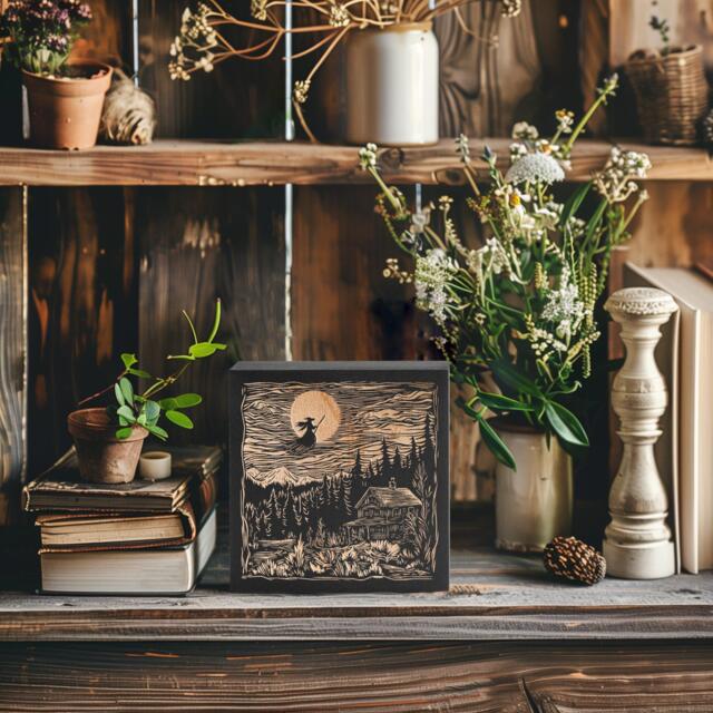 Flying Witch Mini Engraved Birch Wood Panel - Block Print Style Halloween Wall Art, Spooky Haunted House Landscape Print, Gothic Decor Gift - image 1