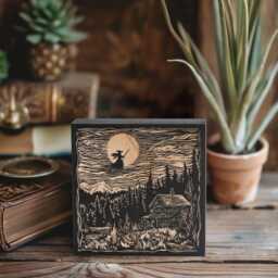 Flying Witch Mini Engraved Birch Wood Panel - Block Print Style Halloween Wall Art, Spooky Haunted House Landscape Print, Gothic Decor Gift - thumbnail 2