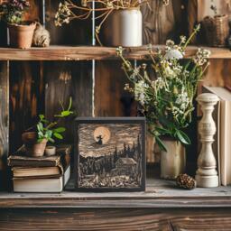 Flying Witch Mini Engraved Birch Wood Panel - Block Print Style Halloween Wall Art, Spooky Haunted House Landscape Print, Gothic Decor Gift - thumbnail 1
