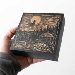 Flying Witch Mini Engraved Birch Wood Panel - Block Print Style Halloween Wall Art, Spooky Haunted House Landscape Print, Gothic Decor Gift - thumbnail 4