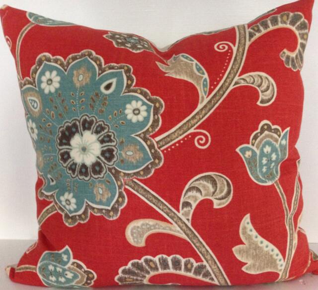 Scarlet Jacobean Floral Pillow Cover - Linen Rayon Throw - image 1
