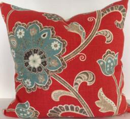 Scarlet Jacobean Floral Pillow Cover - Linen Rayon Throw - thumbnail 1