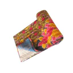 Handmade Cotton Kantha Quilt Twin Sari Blanket - thumbnail 3