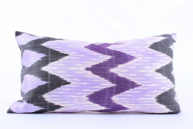 Ikat Silk Velvet Pillow 16x24 - Handmade Boho Cushion Cover Turkish Home Decor Accent - image 1