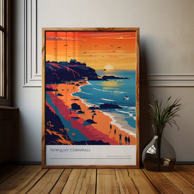 Newquay Cornwall Beach Sunset Art Print UK Coastal Poster - image 1