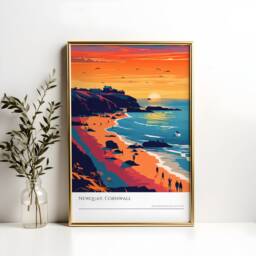 Newquay Cornwall Beach Sunset Art Print UK Coastal Poster - thumbnail 2