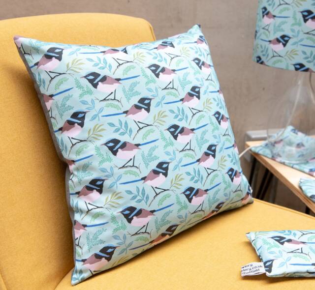 Fairy Wren Print Cushion, Turquoise Bird Design, Decorative Throw Pillow