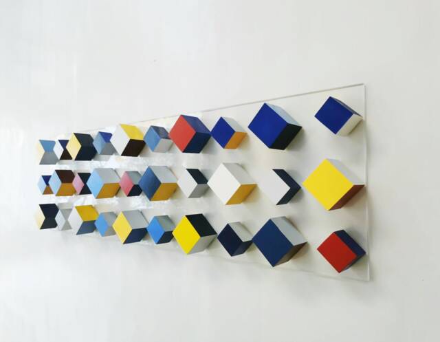 "Geometric Wood Wall Art Hand-Painted Colorful Cubes, Modern Design - 40.35"" X 12.4" - image 1