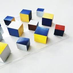 "Geometric Wood Wall Art Hand-Painted Colorful Cubes, Modern Design - 40.35"" X 12.4" - thumbnail 3