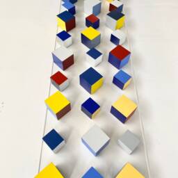 "Geometric Wood Wall Art Hand-Painted Colorful Cubes, Modern Design - 40.35"" X 12.4" - thumbnail 2