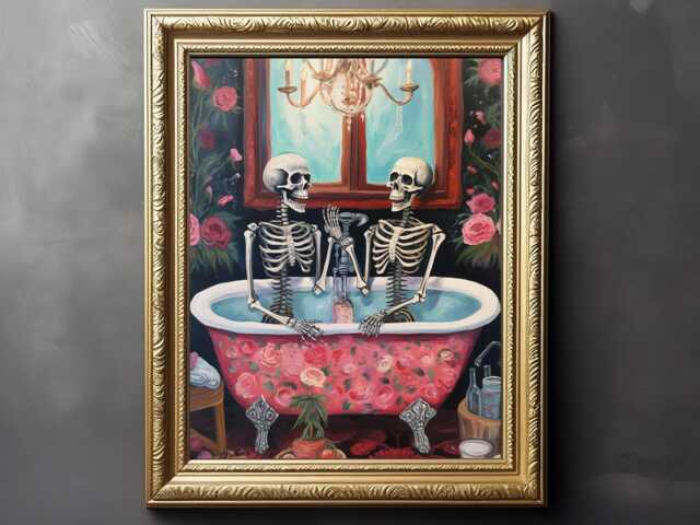 Skeleton Couple in Bath - Gothic Print, Painting, Whimsical, Fun Goth Gift, Home Decor, Romantic Couple, Husband Wife Gift - image 1