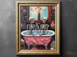 Skeleton Couple in Bath - Gothic Print, Painting, Whimsical, Fun Goth Gift, Home Decor, Romantic Couple, Husband Wife Gift - thumbnail 1