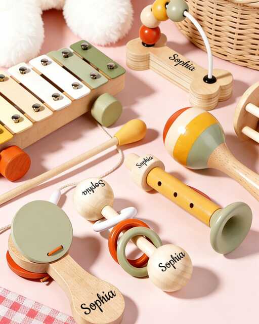 Personalized Wooden Baby Musical Toy Set, Custom Name Montessori Instrument Kit, 7Pcs Toddler Music Rattles, Birthday & Shower Gift - image 1