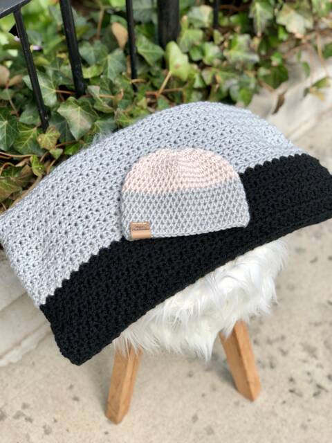 Crocheted Unisex Baby Blanket & Beanie Hat Skully Set The Color Block - image 1