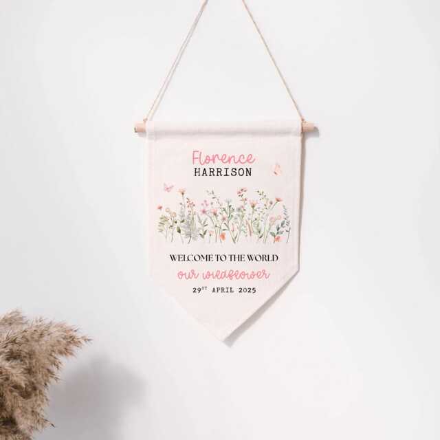 Personalised Linen Flag - Our Wildflower Custom Kids Bedroom Wall Decor Birthday Gift For Boy Girl New Baby Nursery Parents - image 1