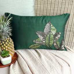 Tropical Lumbar Pillow Cover 12x16 Silk Sequin Embroidered Decorative Oblong Cushion Case Accent Pillows For Couch & Sofa - All About Leaves - thumbnail 1