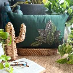 Tropical Lumbar Pillow Cover 12x16 Silk Sequin Embroidered Decorative Oblong Cushion Case Accent Pillows For Couch & Sofa - All About Leaves - thumbnail 3