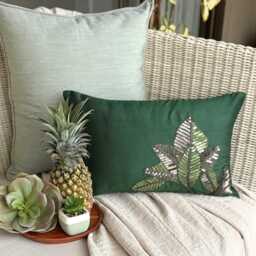 Tropical Lumbar Pillow Cover 12x16 Silk Sequin Embroidered Decorative Oblong Cushion Case Accent Pillows For Couch & Sofa - All About Leaves - thumbnail 2