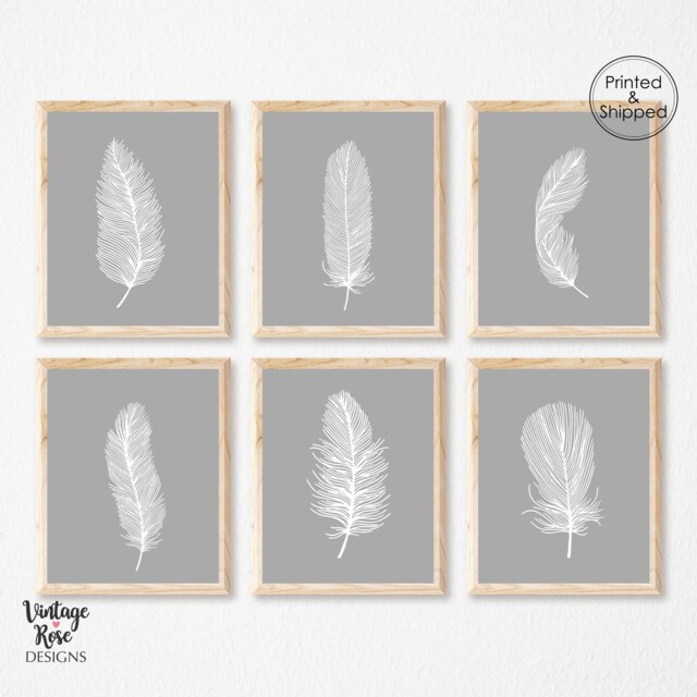 Feather Print Set, Feathers Wall Art, Grey Prints, Set Of Bedroom Gray White Decor - image 1