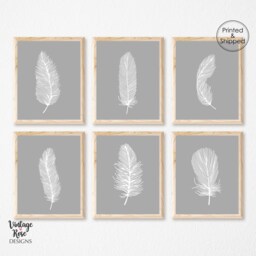 Feather Print Set, Feathers Wall Art, Grey Prints, Set Of Bedroom Gray White Decor - thumbnail 1