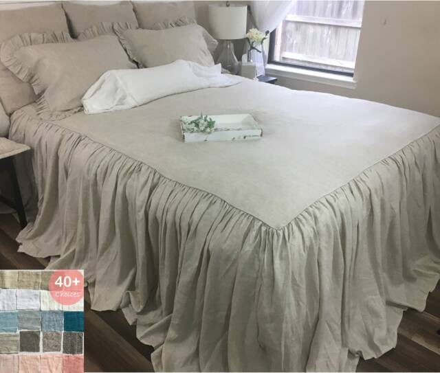Bedspread With Gathered Ruffle Fall, Linen Bedspread, Bedding Linen, Chic Bedding, Shabby Look, Queen King - image 1