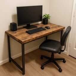 Handmade Reclaimed Wood Desk Sage Green Steel Frame, Rustic Industrial Style - thumbnail 1