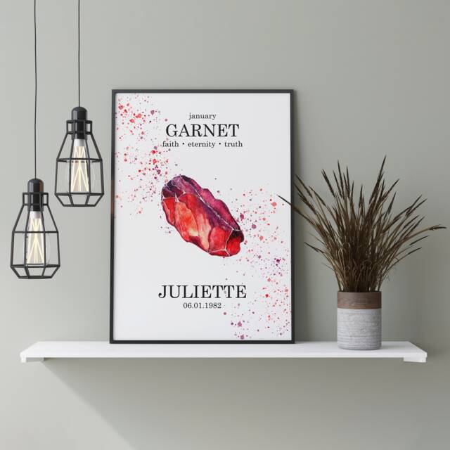 Personalised Garnet January Birthstone Watercolour Splash A3, A4, 5x7 & 4x6 Wall Art Prints